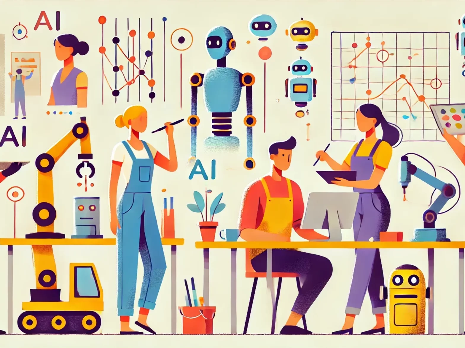 Illustration of a workplace with people working with AI