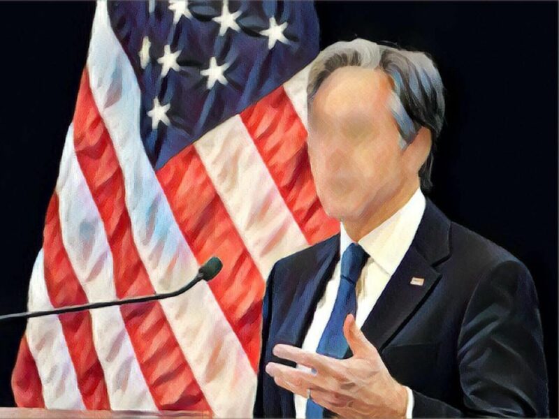 Illustration of Antony Blinken speaking at a lectern with his face blurred, and a U.S. flag in the background