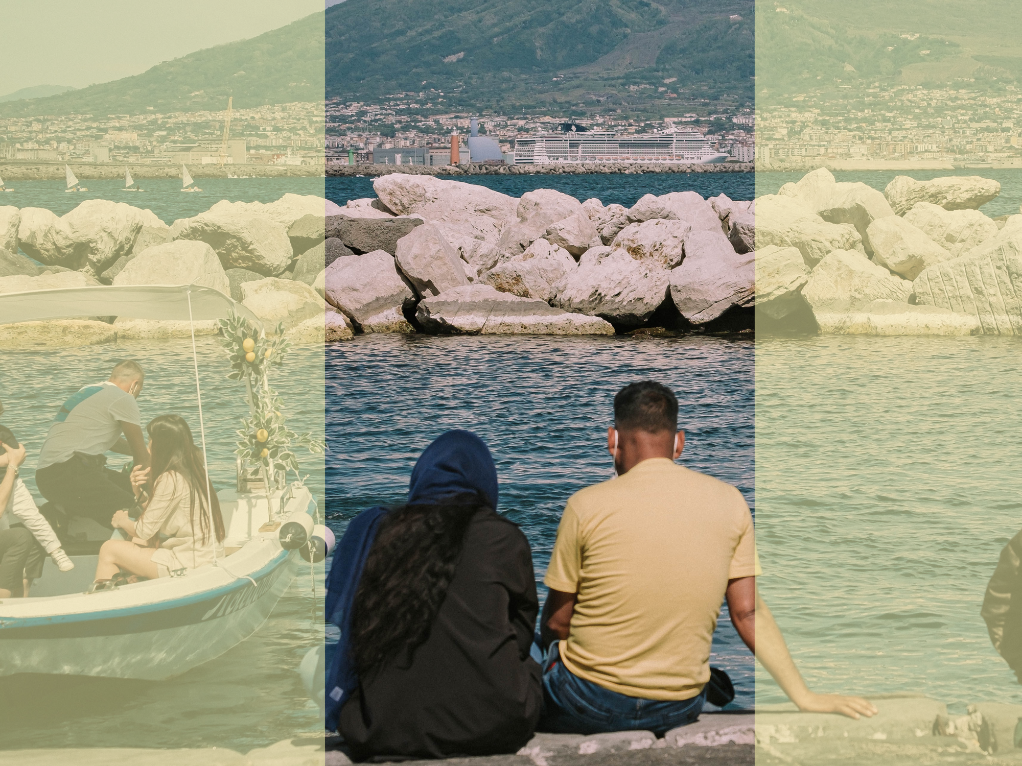 Image of a man and woman sitting on the Neapolitan shore, facing the Vesuvius.
