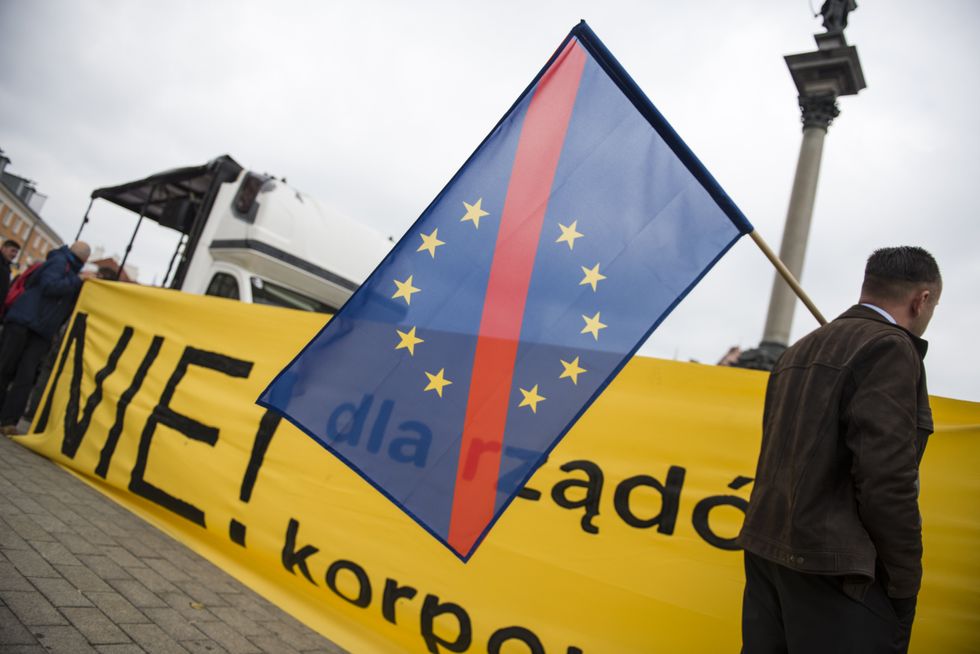 Image of a man holding an anti-EU flag at a Konfederacja demonstration
