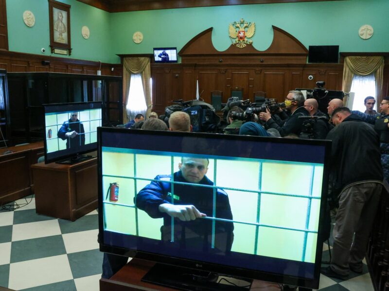 Image of a screen showing opposition activist Alexei Navalny via video link from Pokrov's Penal Colony No 2 in the Moscow City Court.