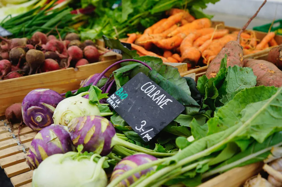 Image of a table full of varying vegetables with their prices attached.