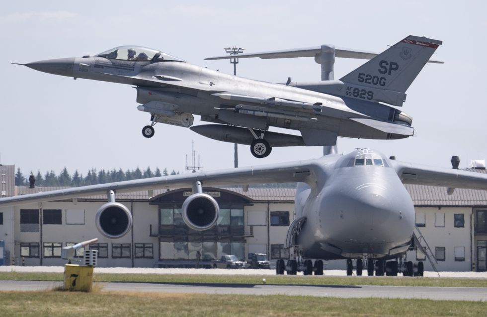Image of a U.S. Air Force F-16 fighter taking off from Spangdahlem Air Base during the Air Defender 2023 air exercise in Germany.