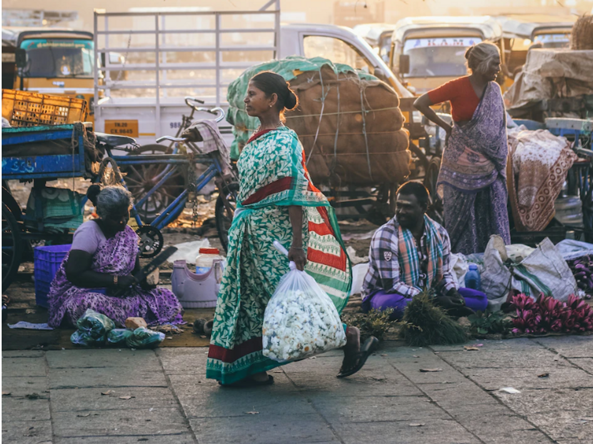 Image of a woman in traditional Indian clothing walking and carrying a plastic bag.