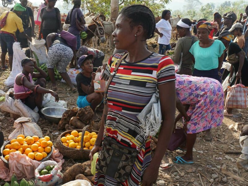 Image of a woman who's a wholesale produce buyer looking for quality products amongst fruit and vegetable baskets set on the floor at the market in Maniche, Haiti.