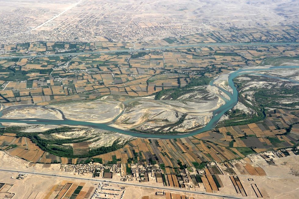 Image of an aerial photograph of Helmand River at Gereshk, in the Helmand Province in Afghanistna.​
