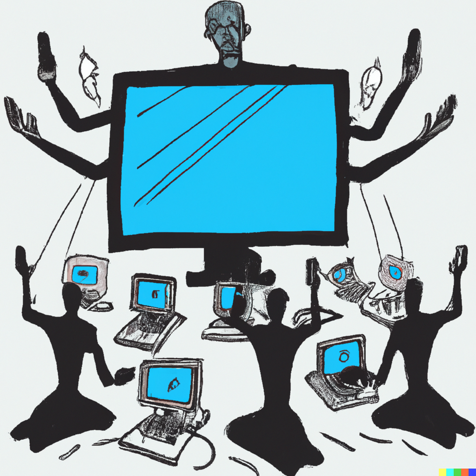 Image of computers as gods, with followers praying