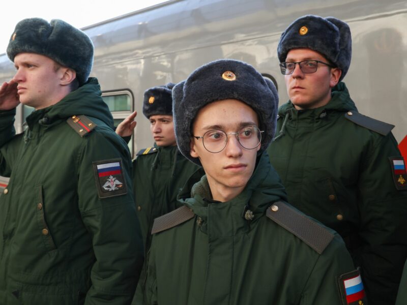 Image of conscripts are seen at a railway station before departing for military service in military units of Russia's Western Military District