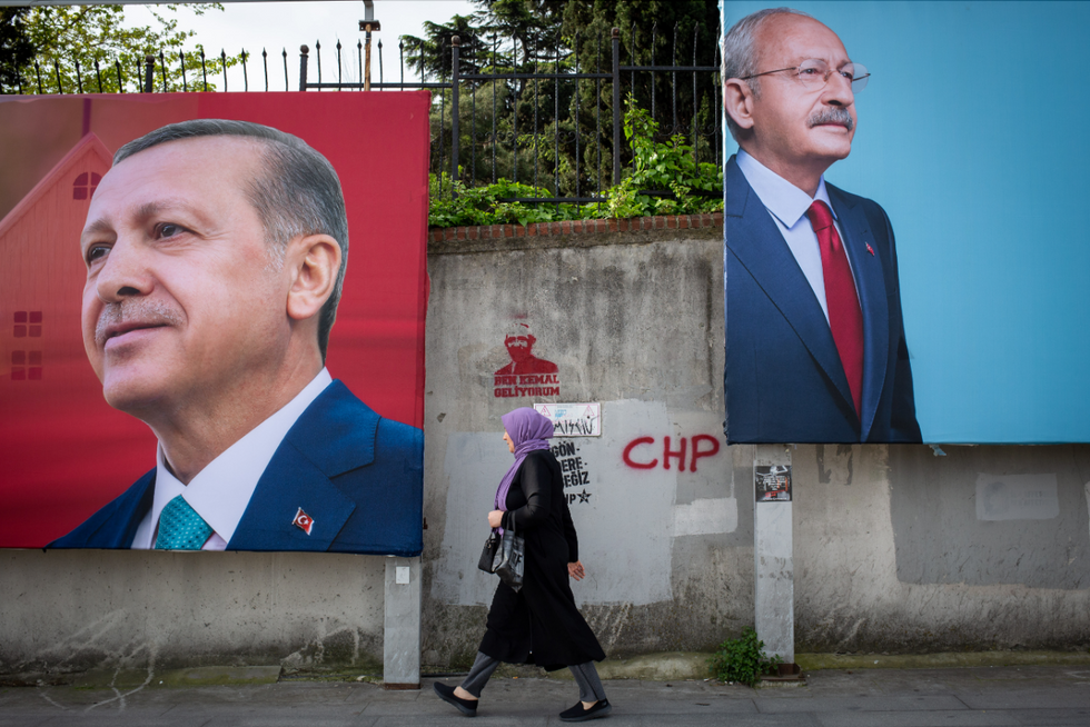 Image of ​Campaign posters of opposition Republican People's Party, CHP leader Kemal Kilicdaroglu and Turkish President Recep Tayyip Erdogan in a street in Istanbul, Turkey,