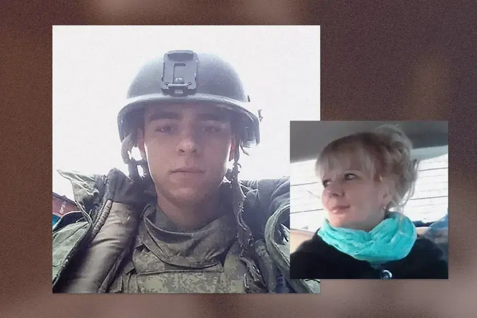 Image of ​Eighteen-year-old conscript Andrey and his mother Elena.