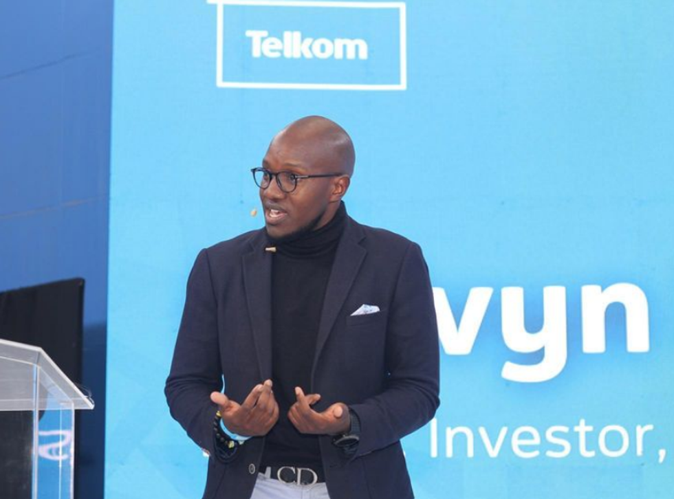 Image of entrepreneur Melvyn Lubega, speaking at a tech summit.