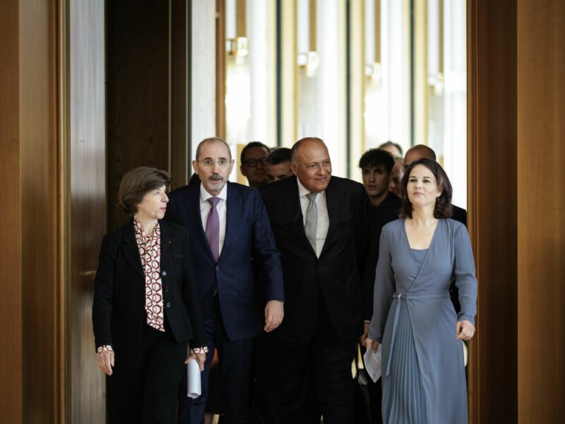 Image of French Foreign Minister Catherine Colonna and her German counterpart, Annalena Baerbock (Right) with Foreign Minister of France, Ayman Safadi, Foreign Minister of Jordan, Sameh Shoukry, Foreign Minister of Egypt,.