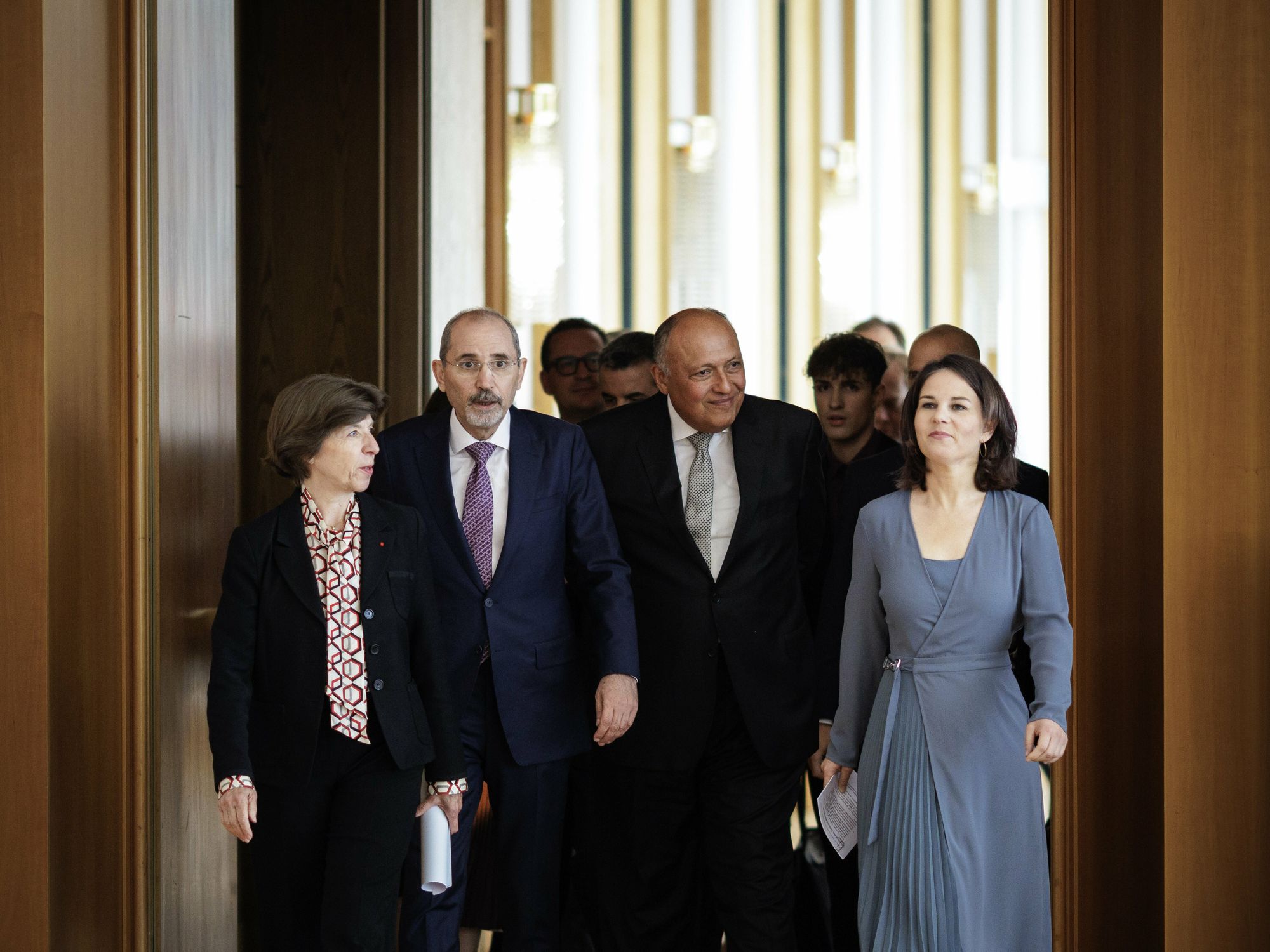 Image of French Foreign Minister Catherine Colonna and her German counterpart, Annalena Baerbock (Right) with Foreign Minister of France, Ayman Safadi, Foreign Minister of Jordan, Sameh Shoukry, Foreign Minister of Egypt,.
