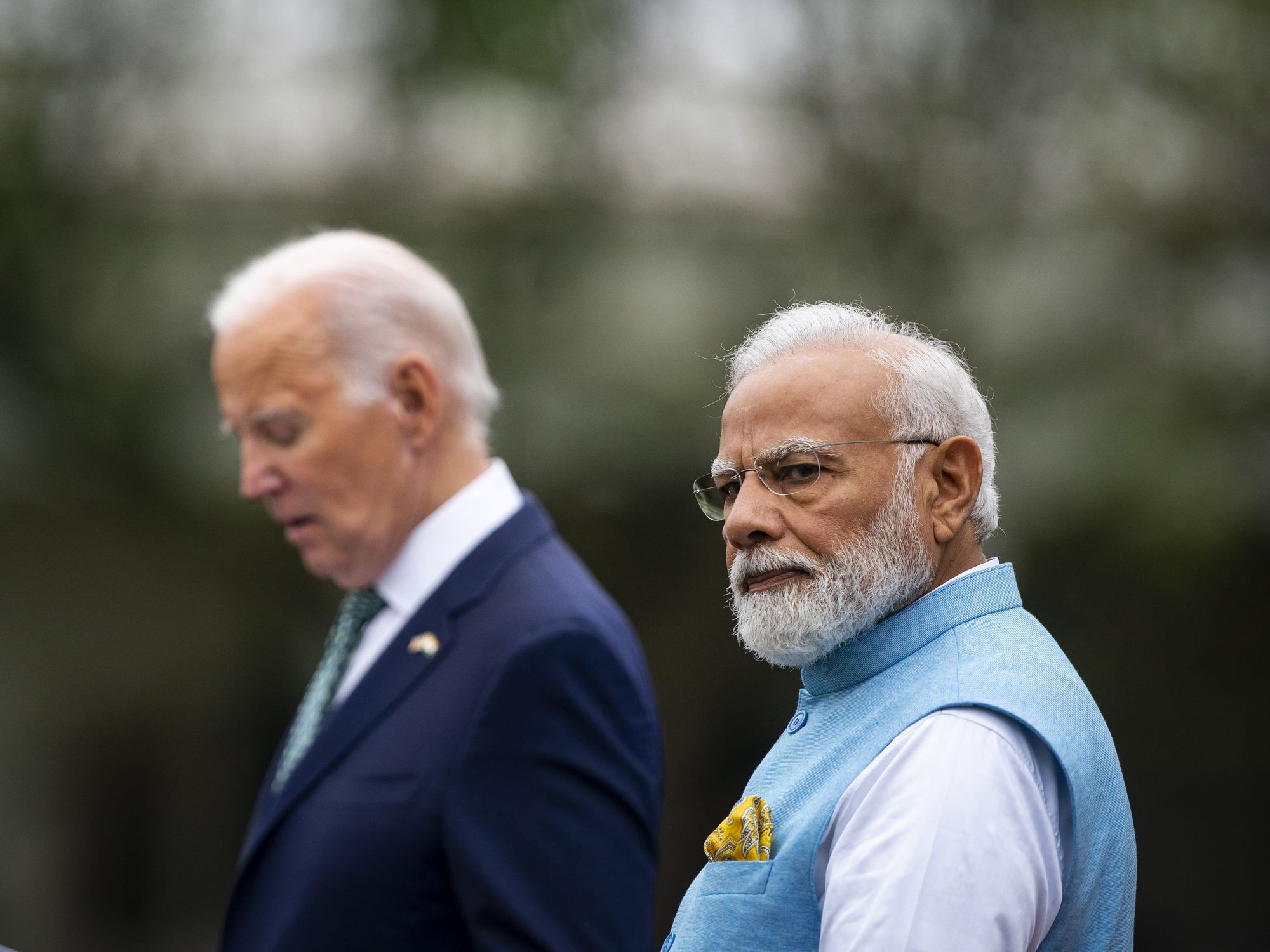 Image of Indian Prime Minister Narendra Modi and U.S. President Joe Biden on the South Lawn of the White House in Washington, DC on June 22.