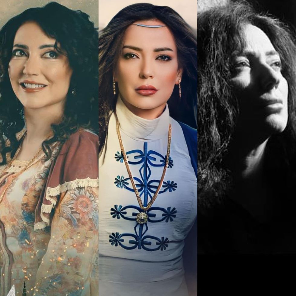 Image of one woman in three different shots where she's wearing different outfits, the last shot is in black and white. All three pictures are from looks of characters from her tv shows