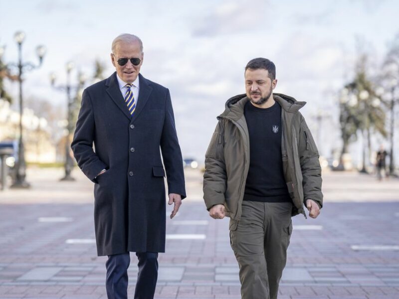 Image of president Joe Biden walking with Ukrainian President Volodymyr Zelensky in the streets of Kyiv, Ukraine.