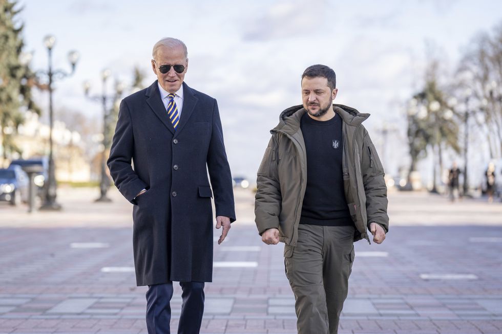 Image of president Joe Biden walking with Ukrainian President Volodymyr Zelensky in the streets of Kyiv, Ukraine.