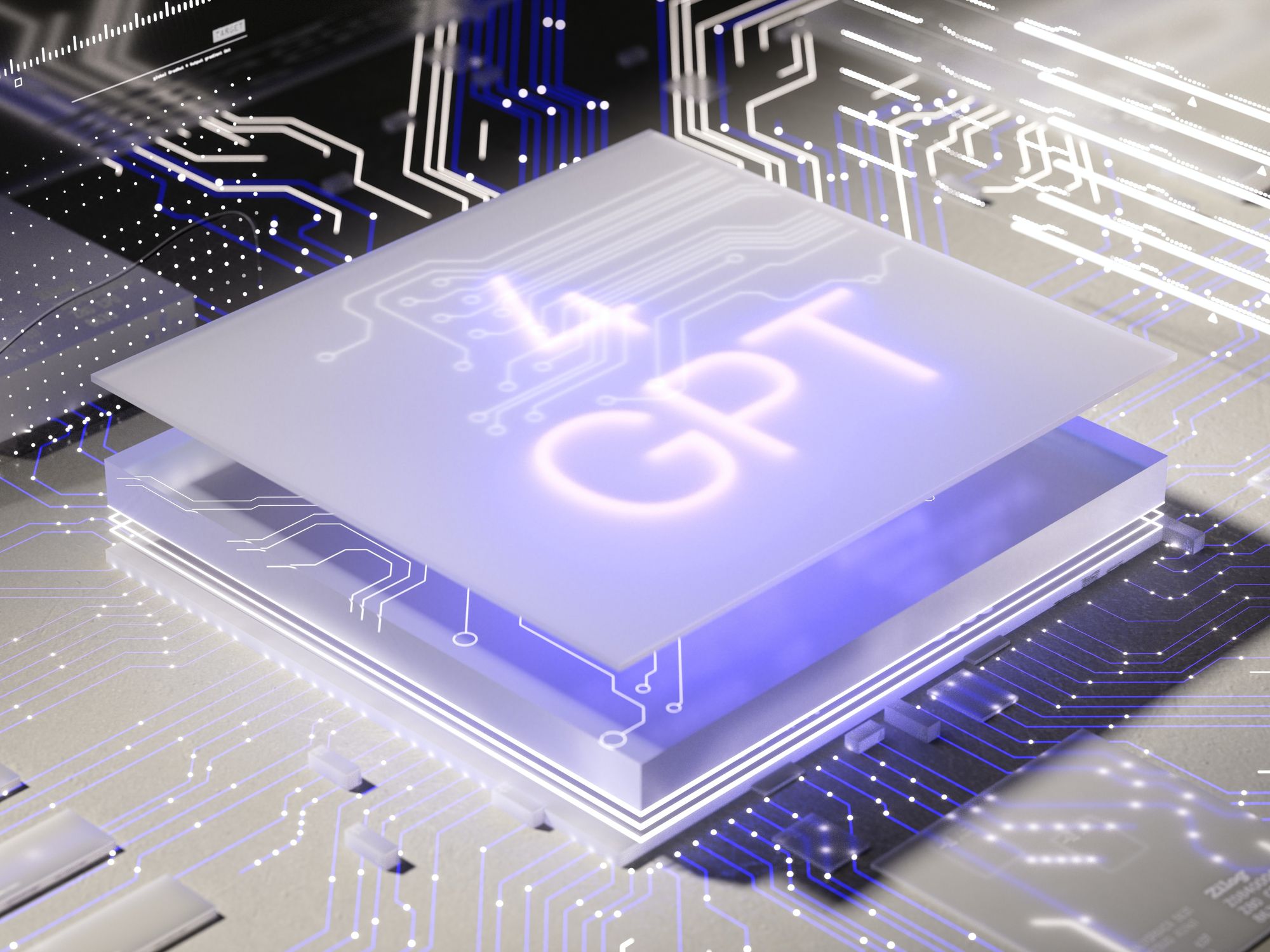 Image of purple computer chip of ​Successful Artificial Intelligence GPT-4 radiating light