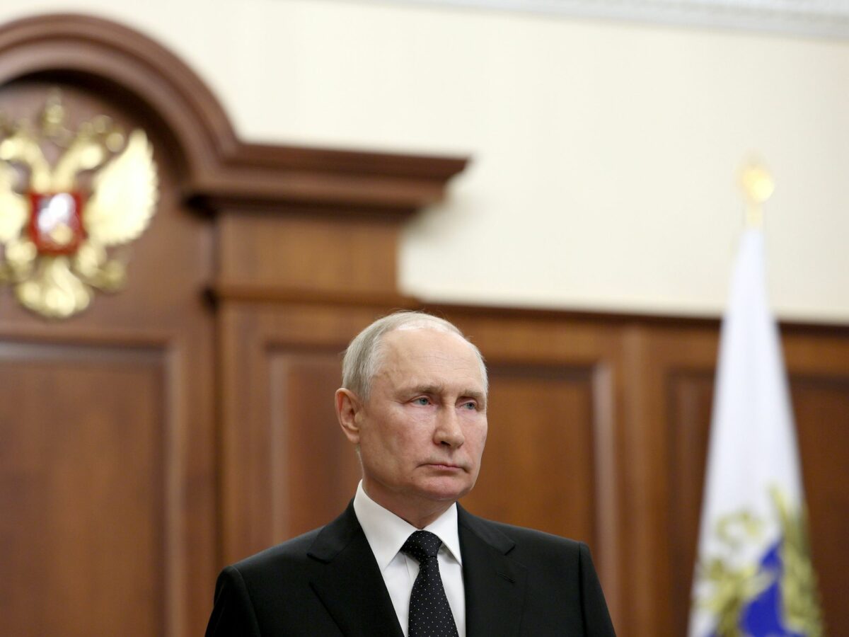 Image of Russia's President Vladimir Putin delivering a national video address in connection with the current security situation in the Rostov-on-Don Region