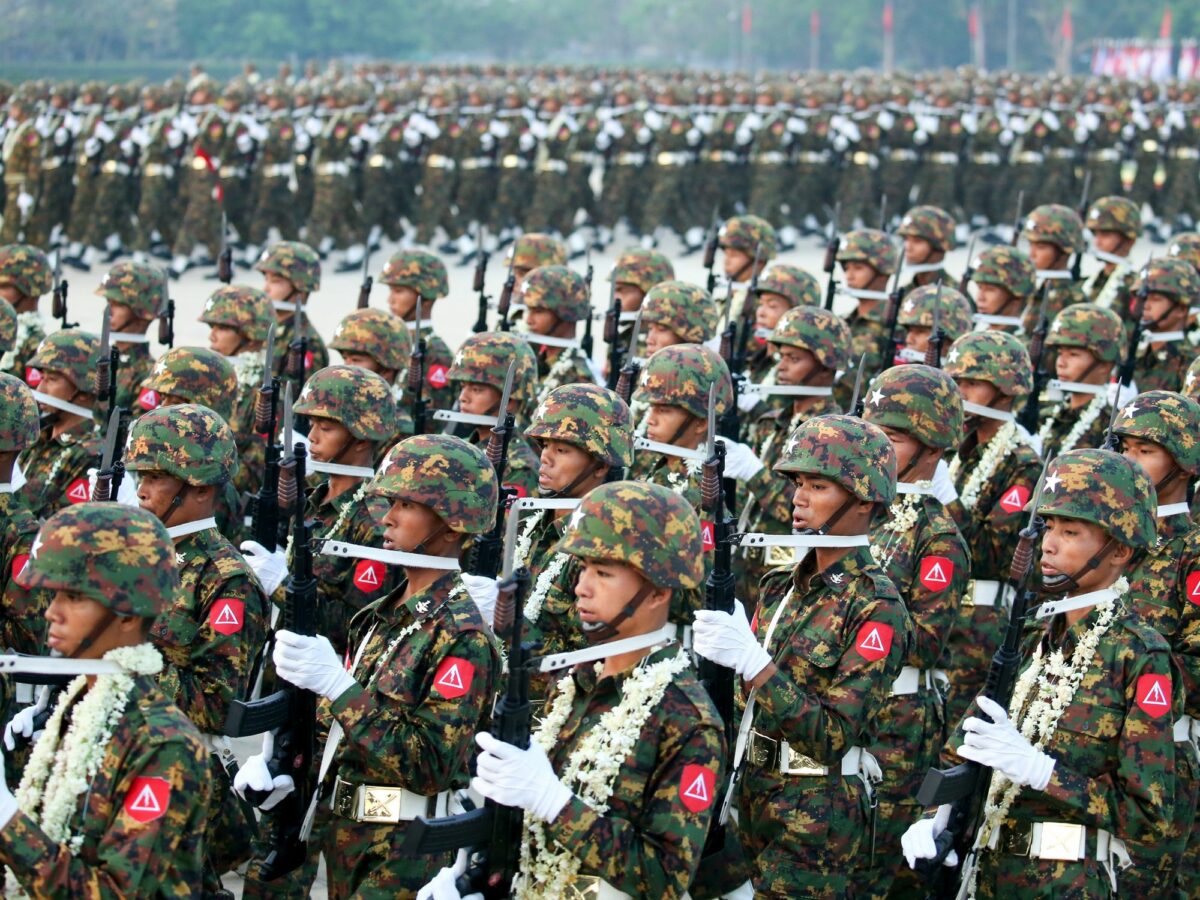 Image of soldiers march during a military parade to mark the 78th Armed Forces Day in Nay Pyi Taw, Myanmar, March 27, 2023.