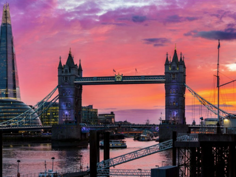 Image of the London Tower Bridge during sunset.