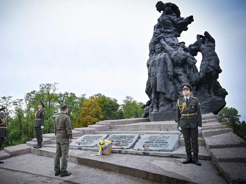 Image of Ukrainian President Volodymyr Zelenskyy, taking part in a ceremony to mark the 81st anniversary of the Babyn Yar tragedy, at the Babyn Yar National Historical and Memorial Reserve in Kyiev, Ukraine.
