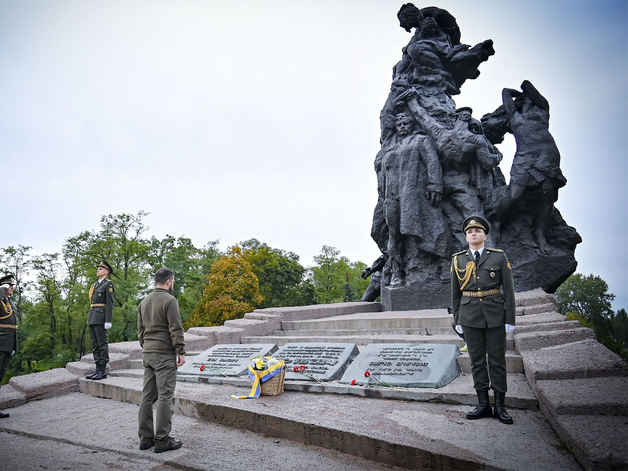 Image of Ukrainian President Volodymyr Zelenskyy, taking part in a ceremony to mark the 81st anniversary of the Babyn Yar tragedy, at the Babyn Yar National Historical and Memorial Reserve in Kyiev, Ukraine.