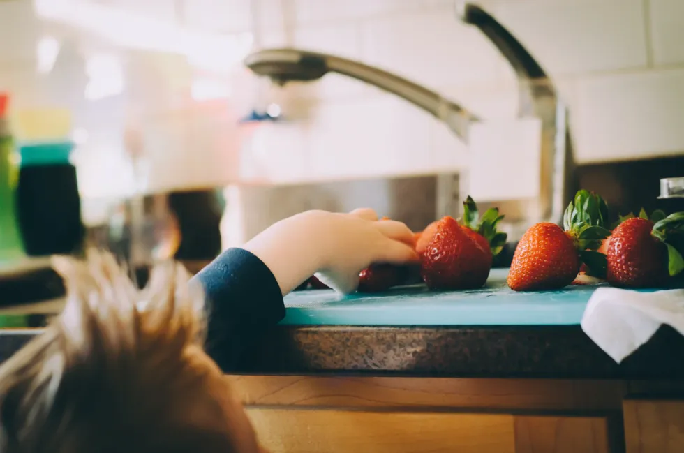 image showing a child picking strawberries from kitchen counter