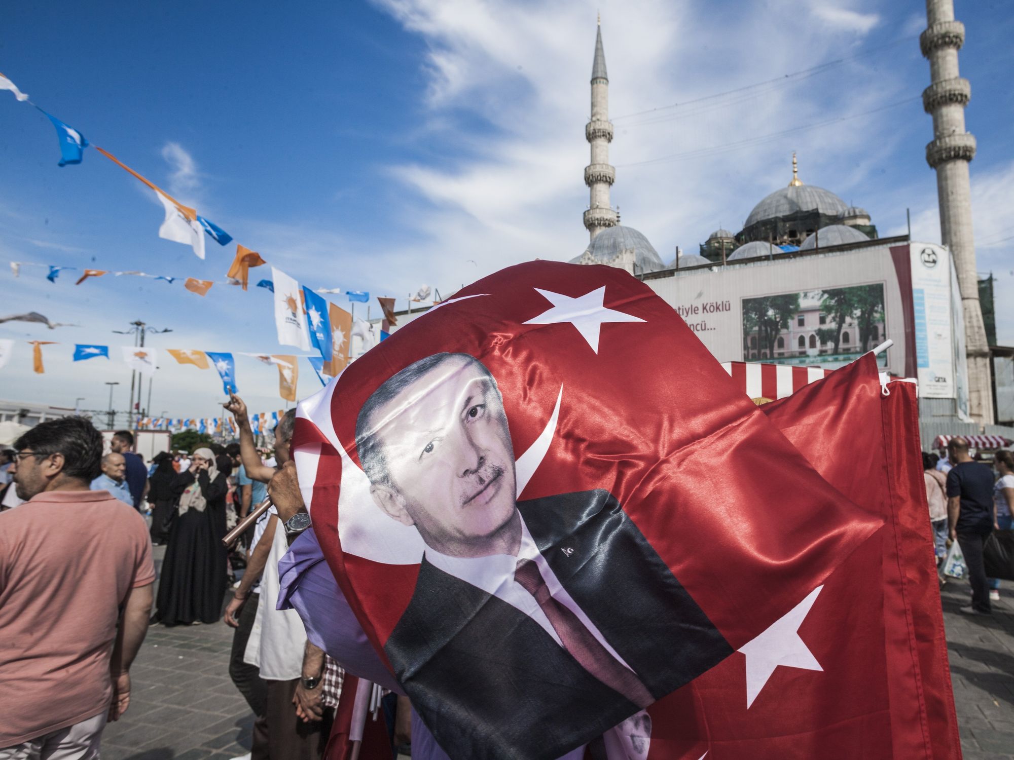 Image showing a flag with the Justice and Development Party candidate for presidential elections, Recep Tayyip Erdogan, in the streets of Istanbul.