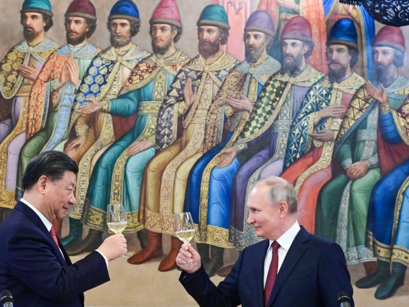 Image showing March 21, 2023, Moscow, Russia: China's President XI Jinping (on the left) and Russia's President Vladimir Putin are seen during a state dinner hosted by the Russian president at the Faceted Chamber in the Moscow Kremlin.