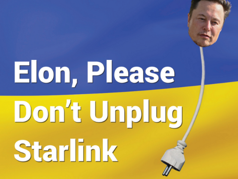 In the background the flag of Ukaine the head of Elon musk in the sky with an electrical outlet replacing his body