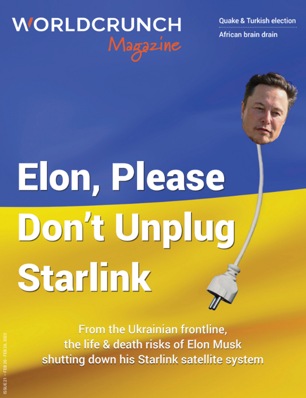 In the background the flag of Ukaine the head of Elon musk in the sky with an electrical outlet replacing his body
