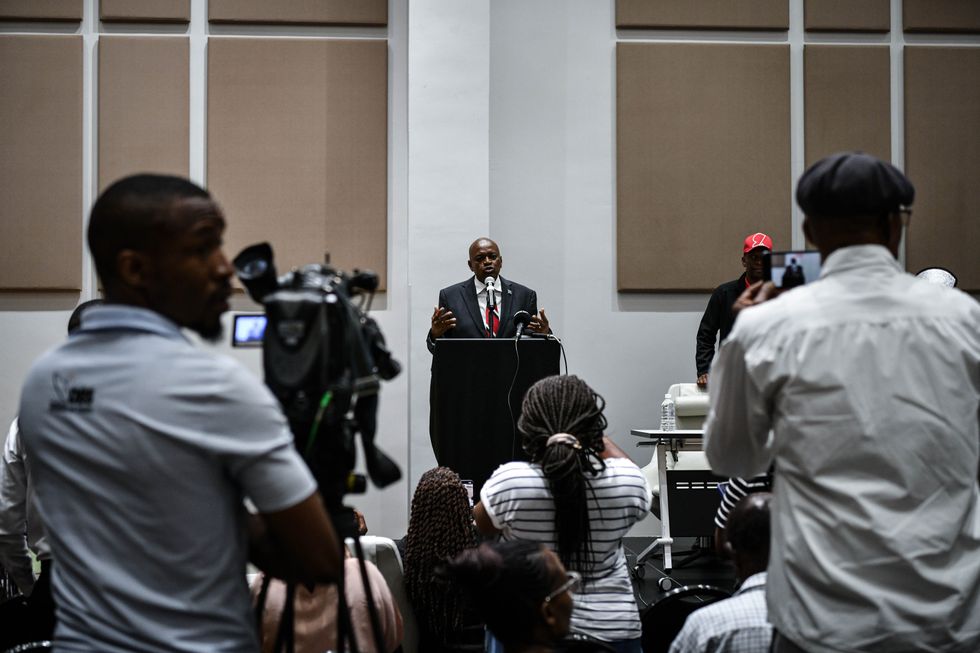 Incumbent President Mokgweetsi Masisi of Botswana addresses a press conference in Gaborone, Botswana, on Nov. 1, 2024.