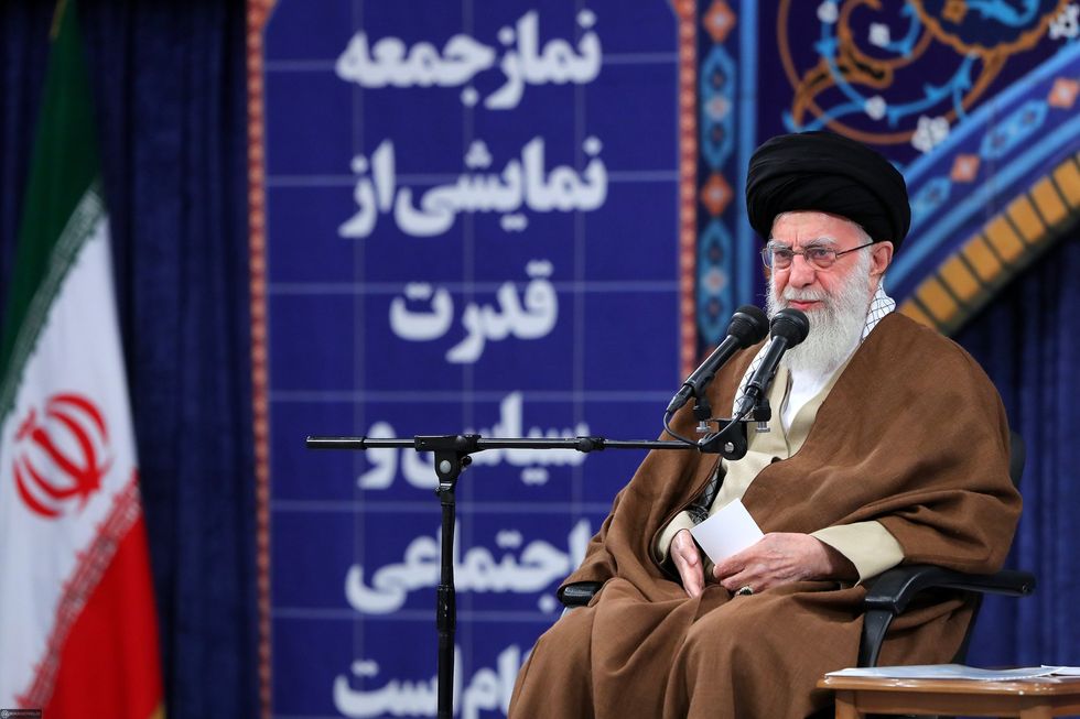 Iranian Supreme Leader Ayatollah Ali Khamenei addressing Iranian clerics.