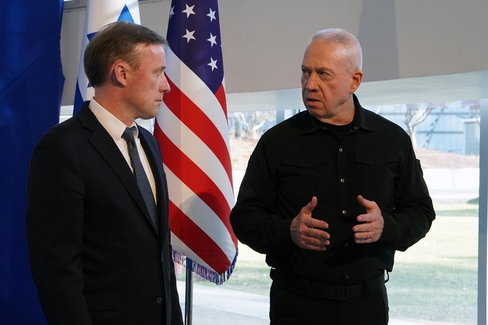Israeli Defense Minister Yoav Gallant (R) meets with U.S. National Security Advisor Jake Sullivan in Tel Aviv, Israel.