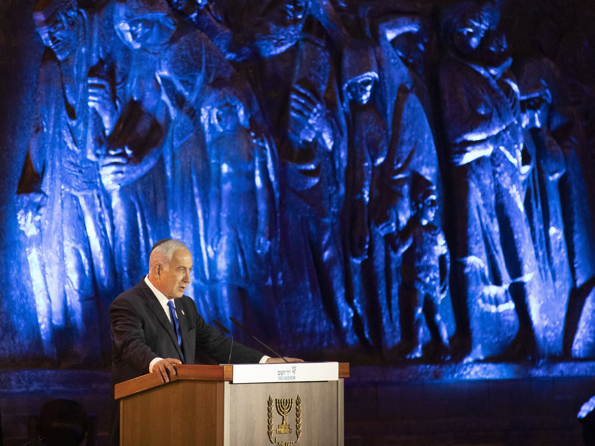 Israeli Prime Minister Benjamin Netanyahu speaks at the opening ceremony of Holocaust Remembrance Day in Jerusalem.