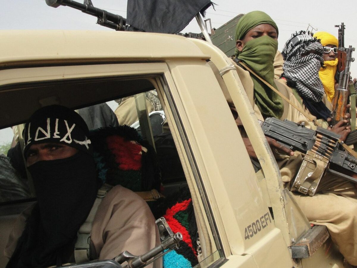 Jama’at Nasr al-Islam wal Muslimin riding in truck with weapons in Burkina Faso.
