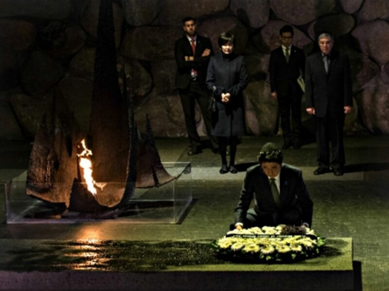 Japan's PM Shinzo Abe at Jerusalem's Yad Vahsem Holocaust memorial museum in January.