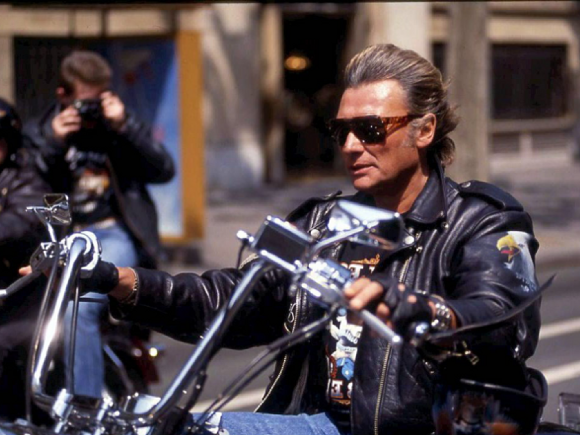 Johnny Hallyday riding his Harley-Davidson in the 1980s