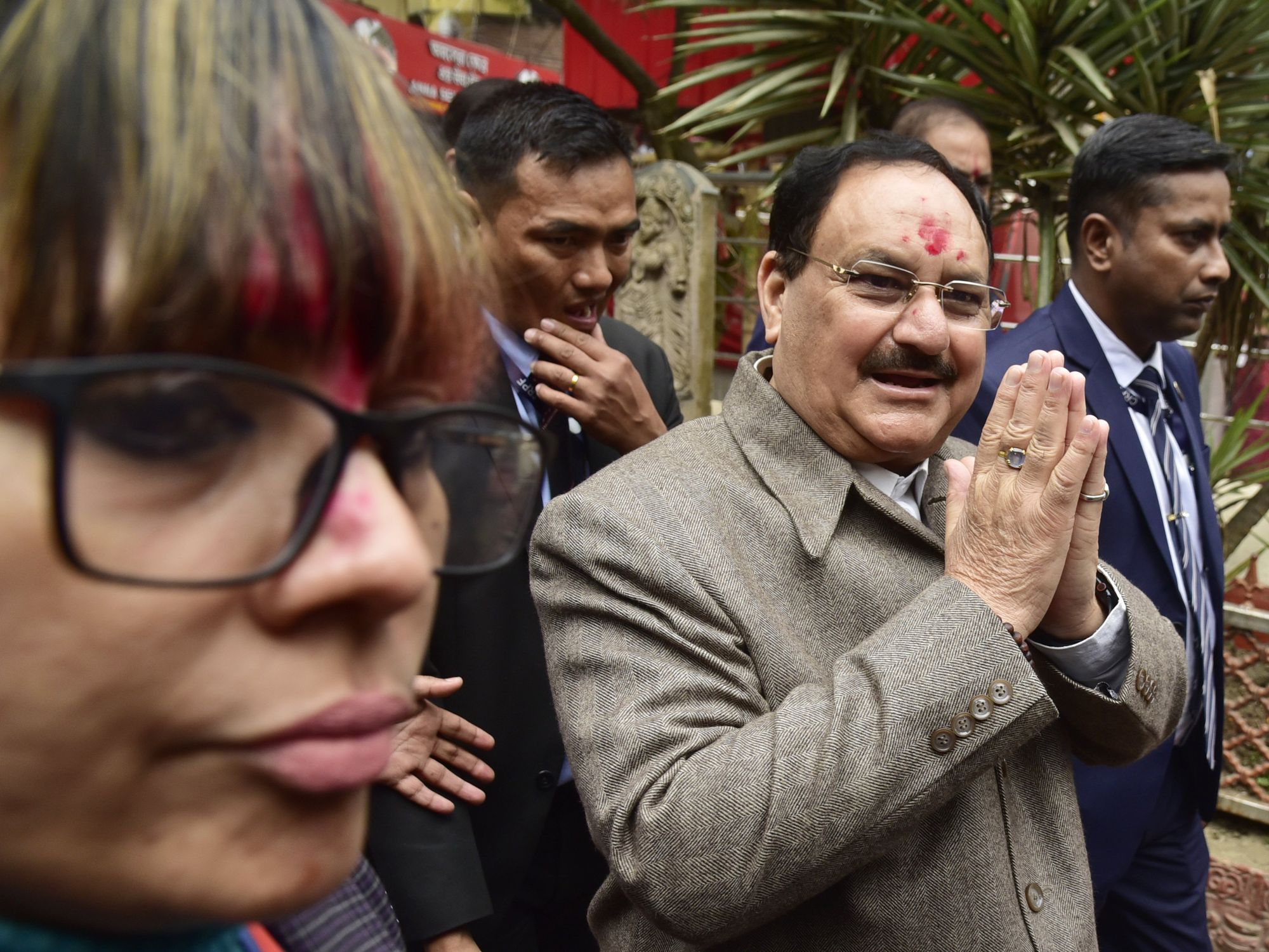 JP Nadda national president of Bharatiya Janata Party (BJP) comes out after offering prayer at Kamakhya temple in Guwahati India.