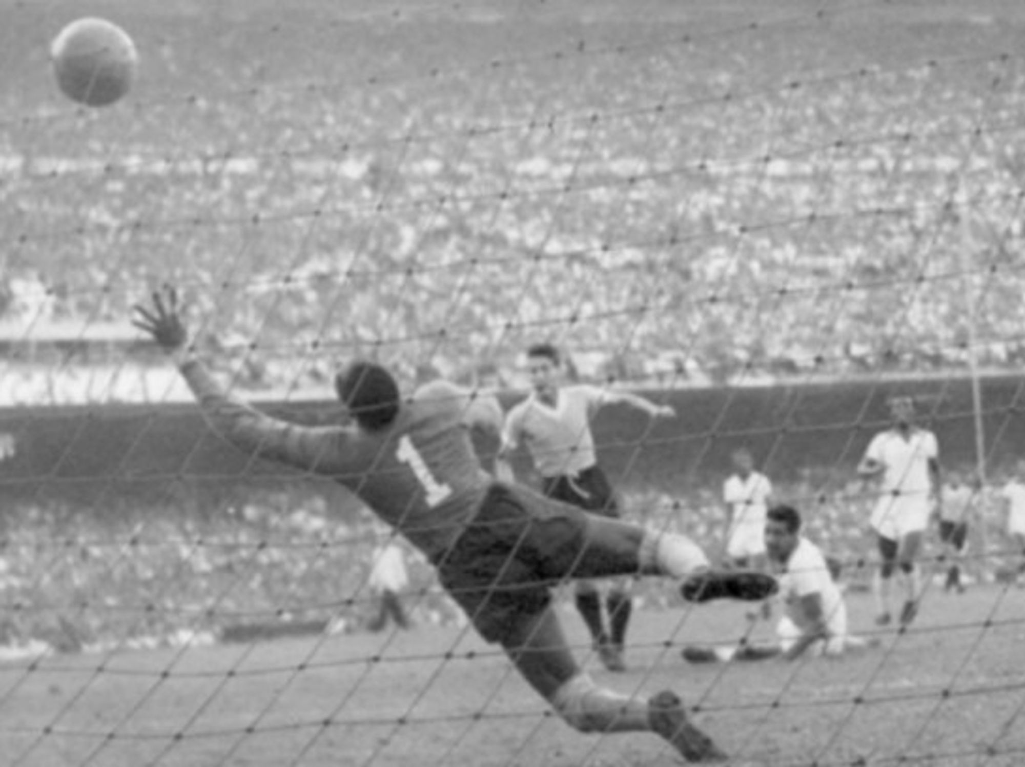 Juan Alberto Schiaffino of Uruguay score in the 66th minute of the infamous 'Maracanazo' match