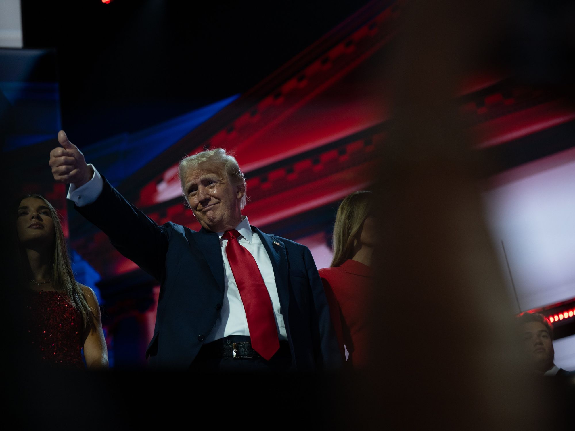 July 18, 2024, Milwaukee, Wisconsin, USA: Former US President Donald J Trump speaks at the Republican National Convention in Milwaukee, Wisconsin at the Fiserv Forum on Thursday, July 18, 2024. Monday night was Trump's first appearance since a rally in Pennsylvania, where he sustained injuries from an alleged bullet grazing his ear. Trump recounted the story in his speech, and also talked about Biden, immigration, and other topics (Credit Image: © Annabelle Gordon/CNP via ZUMA Press Wire)