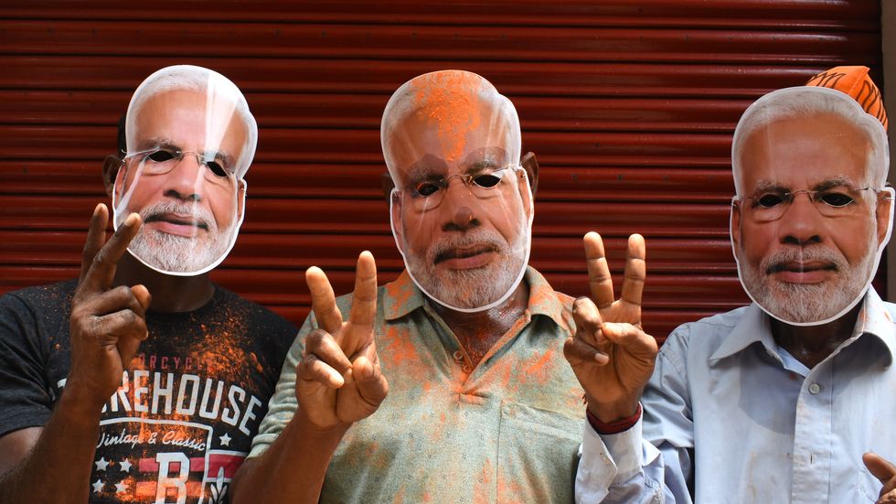 June 10, 2024, Kolkata, West Bengal, India: Bharatiya Janata Party (BJP) activists celebrate in front of the state BJP headquarters in Kolkata ahead of Narendra Modi's swearing-in as Prime Minister. (Credit Image: © Sayantan Chakraborty/Pacific Press via ZUMA Press Wire)