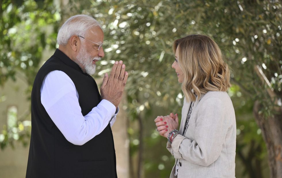 June 14, 2024, Savelletri Di Fasano, Italy: Indian Prime Minister Narendra Modi, left, greets Italian Prime Minister Giorgia Meloni with the traditional Indian Namaste greeting during the arrival ceremony for the expanded G7 Summit at the Borgo Egnazia resort, June 14, 2024, in Savelletri di Fasano, Italy. (Credit Image: © Presidenza Del Consiglio/G7 Ital/Planet Pix via ZUMA Press Wire)