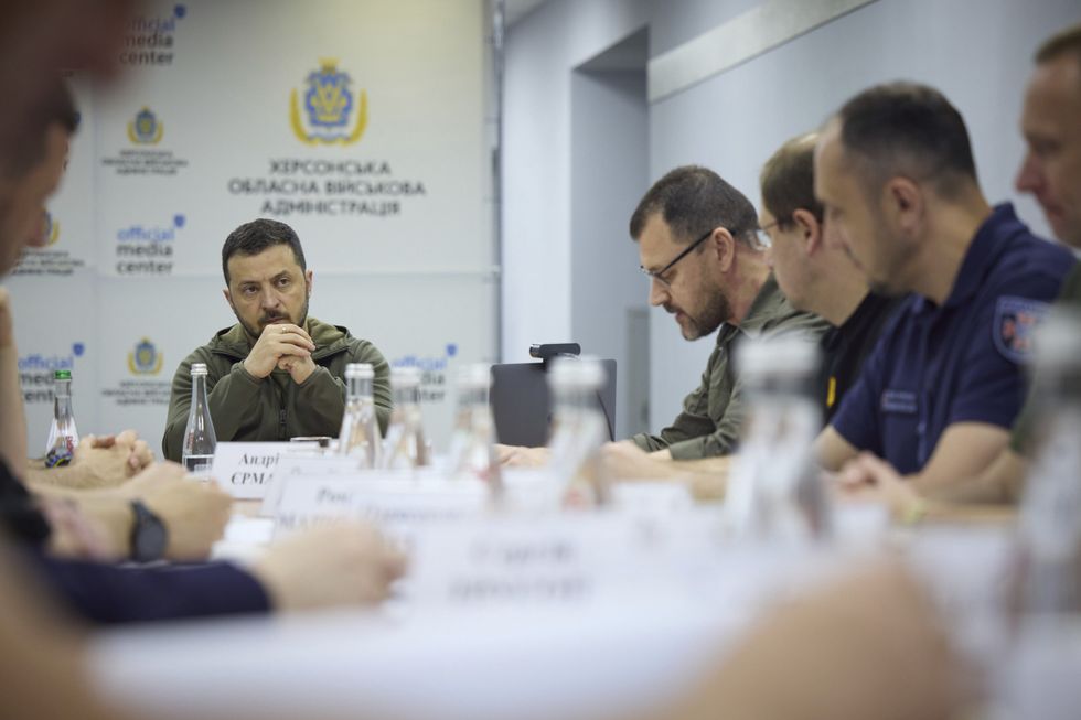 June 8, 2023: Ukrainian President Volodymyr Zelensky in an emergency session of regional administration officials in Kherson, Kherson Oblast, Ukraine.