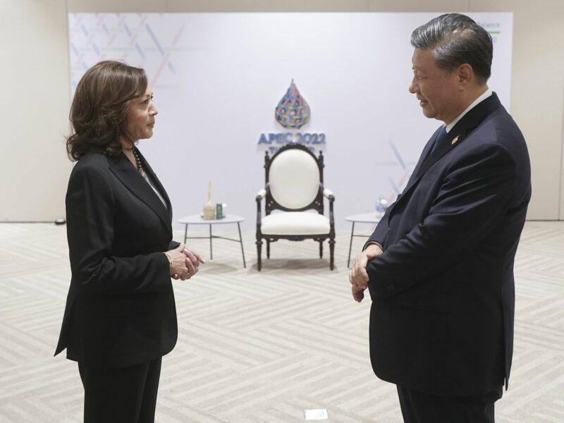 Kamala Harris converses with Xi Jinping at a formal meeting