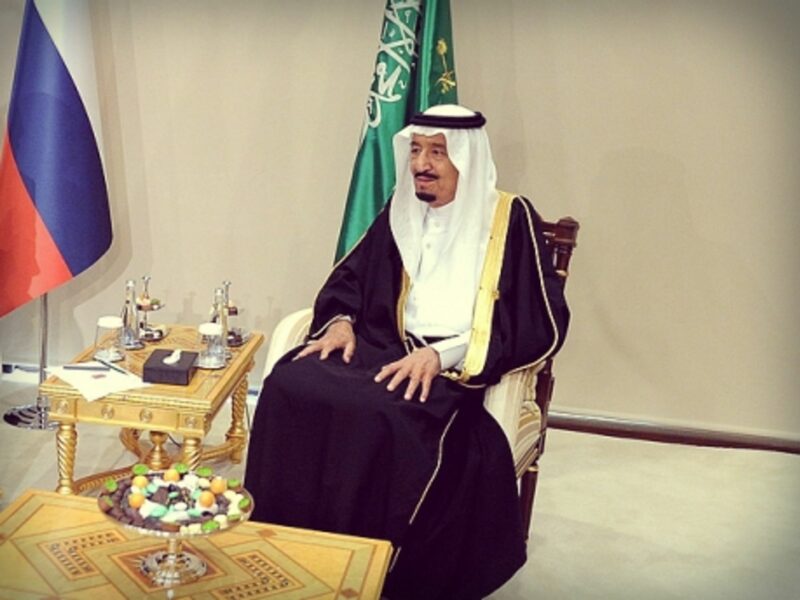 King of Saudi Arabia Salman bin Abdulaziz al-Saud during a meeting with Russian President Vladimir Putin
