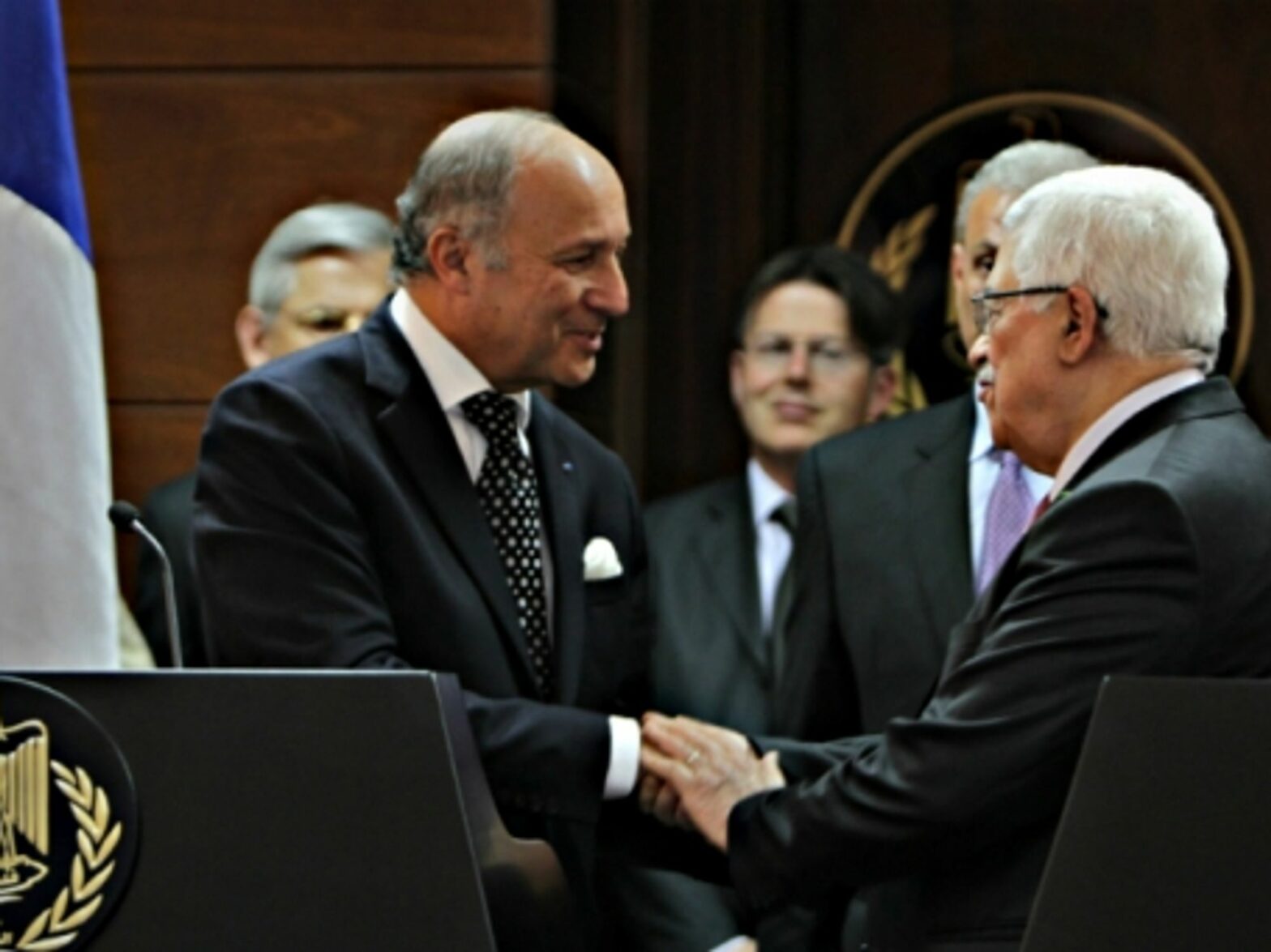Laurent Fabius and Mahmoud Abbas in Ramallah