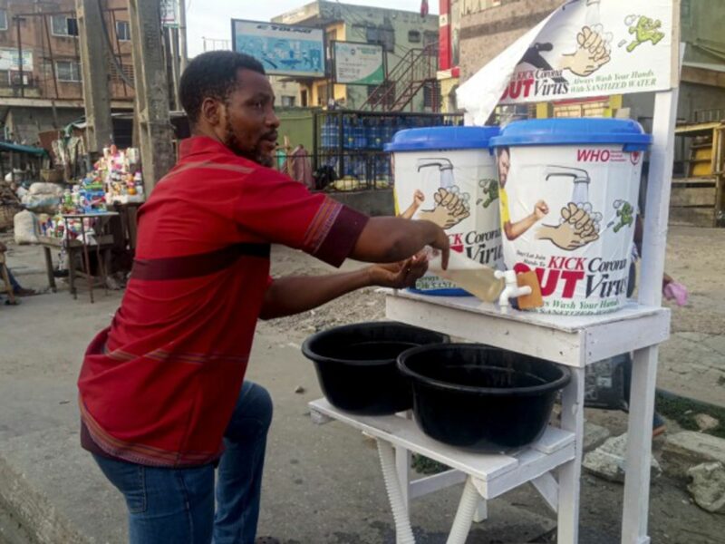 Lavatories for people to wash their hands on the streets of Lagos, Nigeria