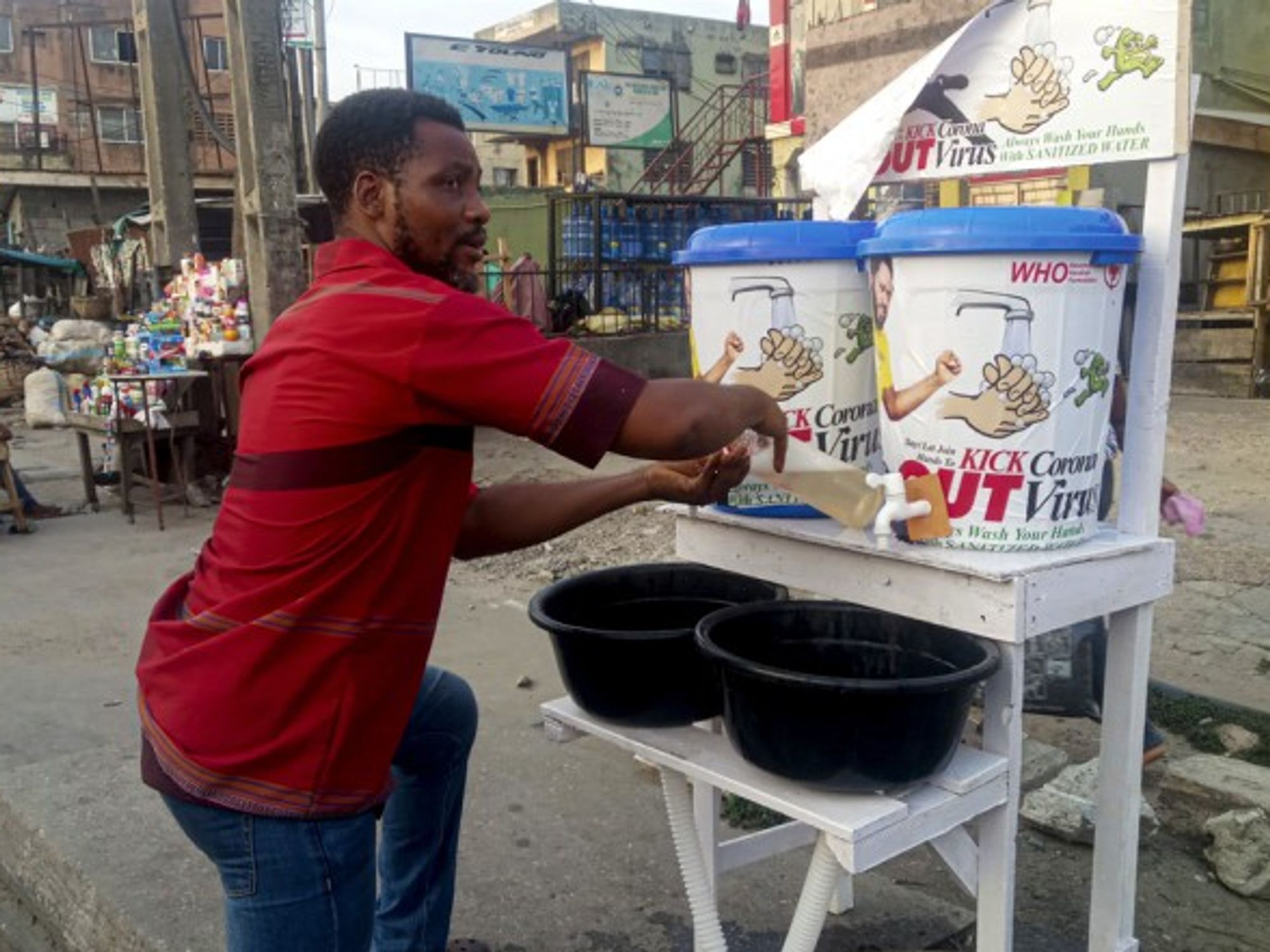 Lavatories for people to wash their hands on the streets of Lagos, Nigeria